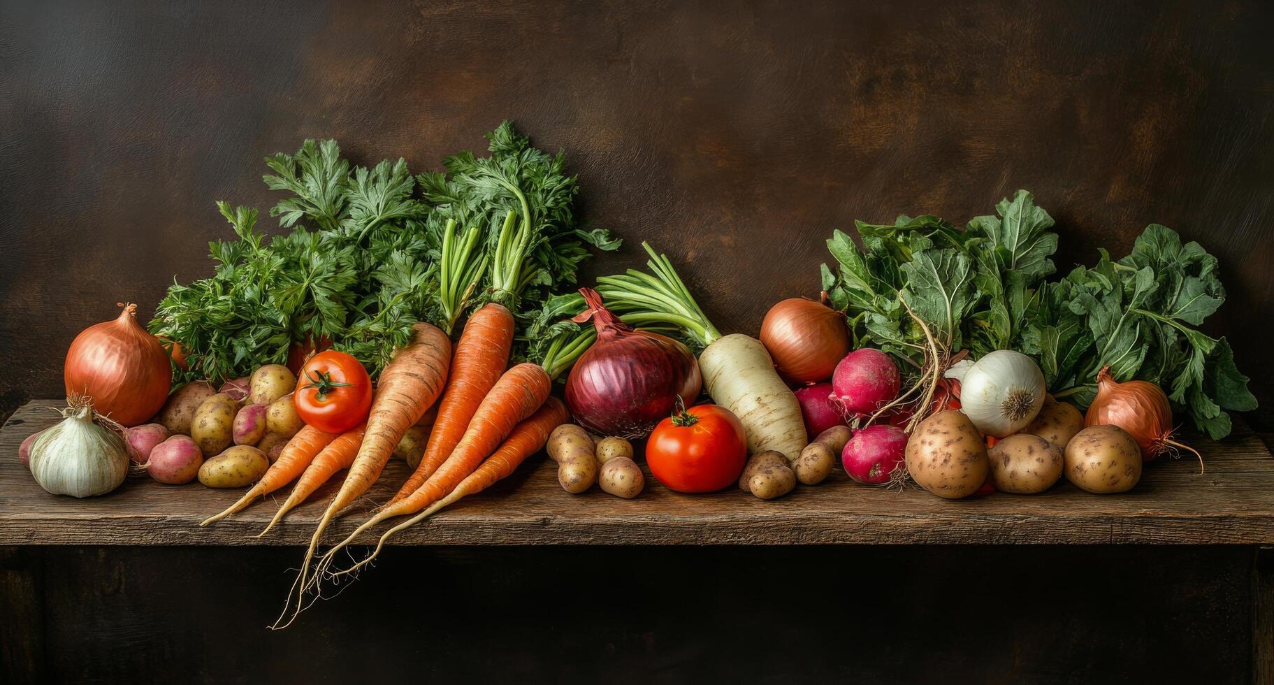 Freshly harvested vegetables arranged on a rustic wooden table with rich colors and textures photo