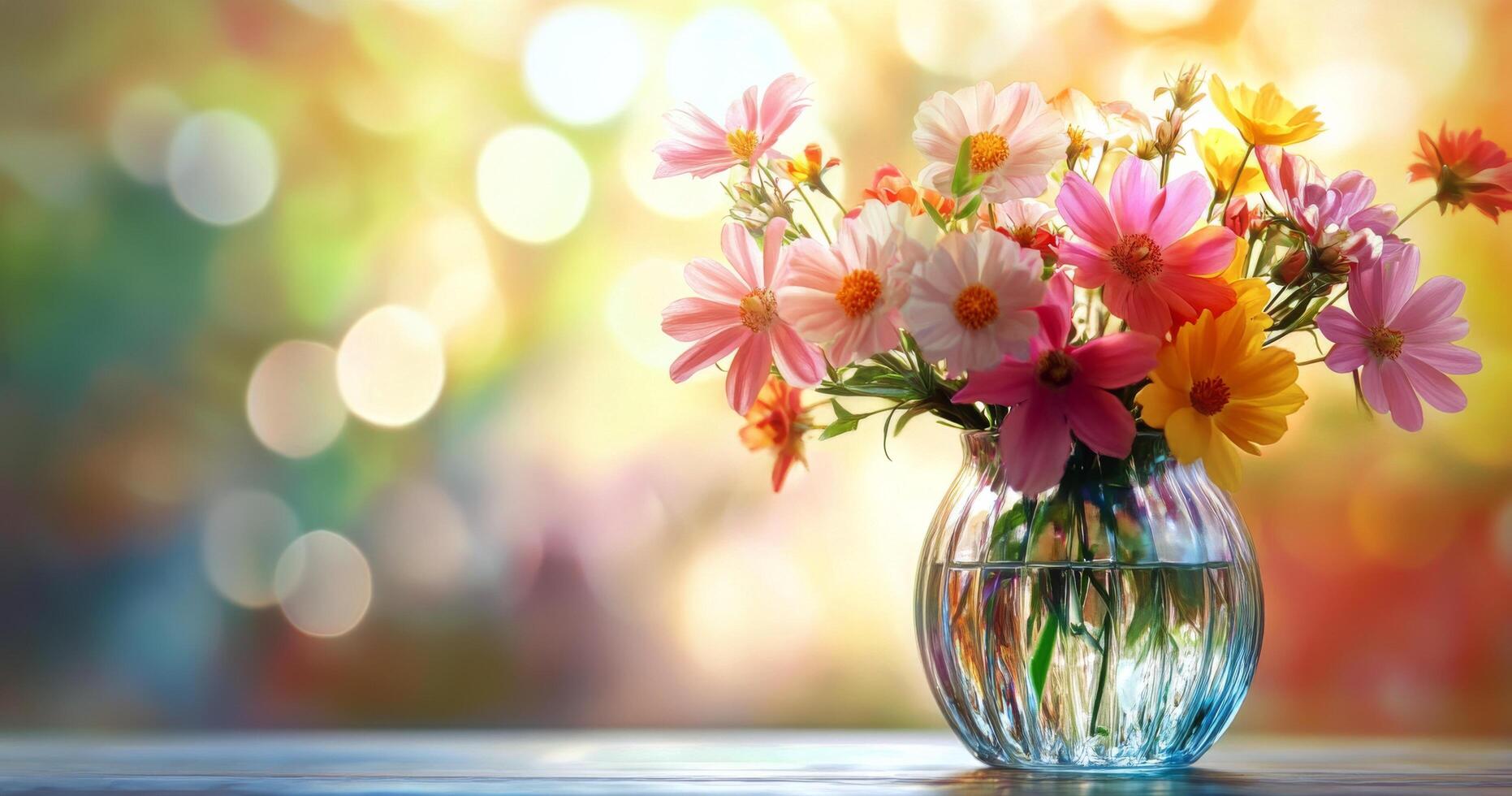 A vibrant bouquet of mixed flowers in a glass vase set against a soft blurred background photo