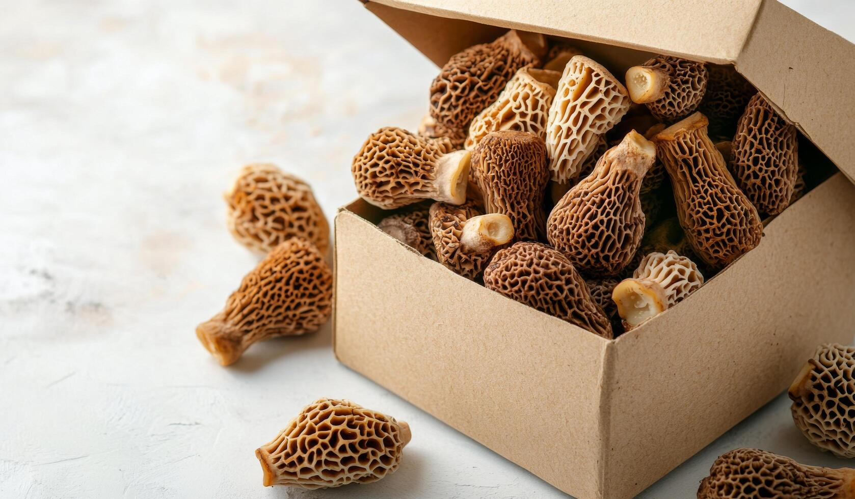 Freshly harvested morel mushrooms showcased in a cardboard box from a local farm photo