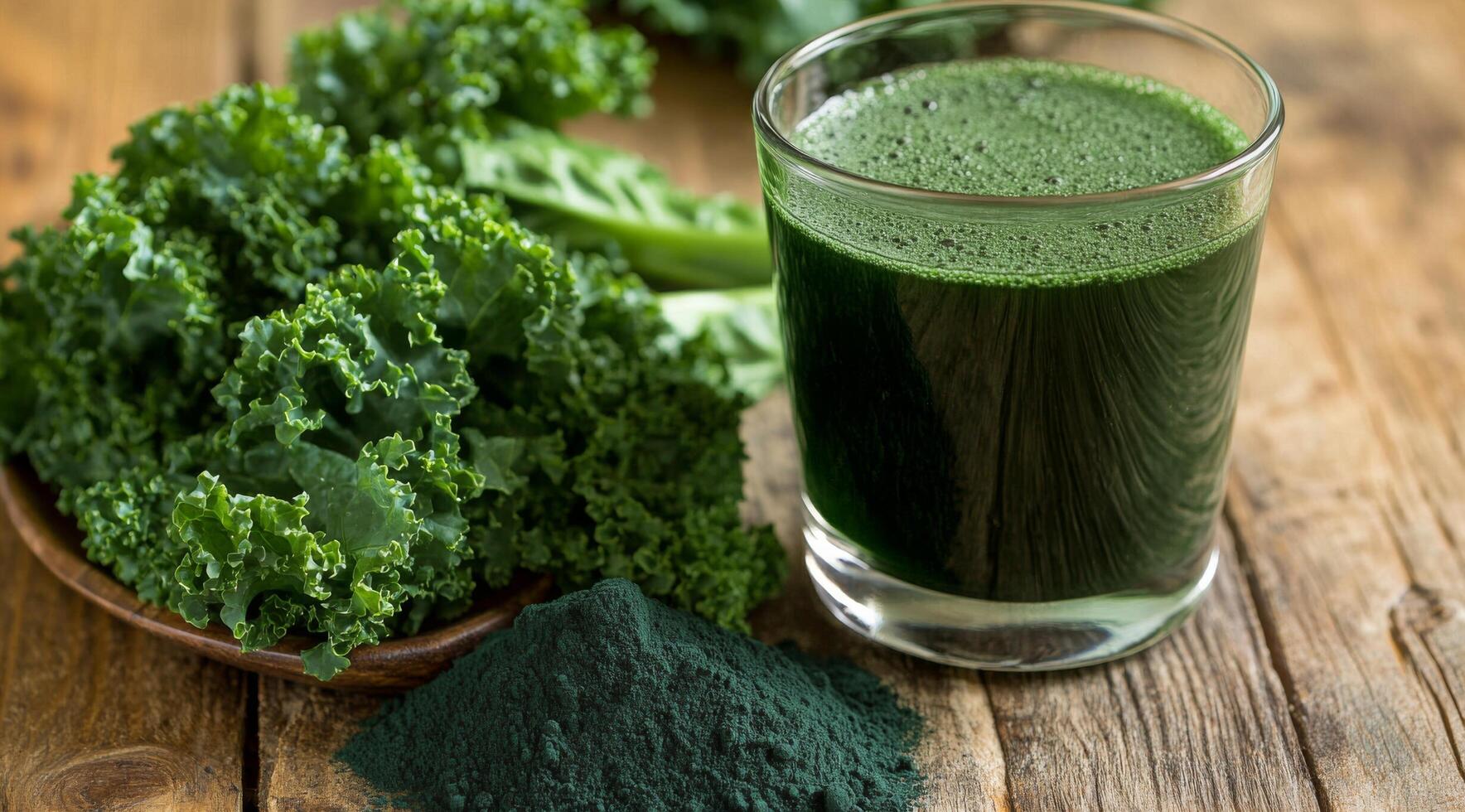 Fresh green smoothie served in a glass with kale and spirulina on a wooden table photo