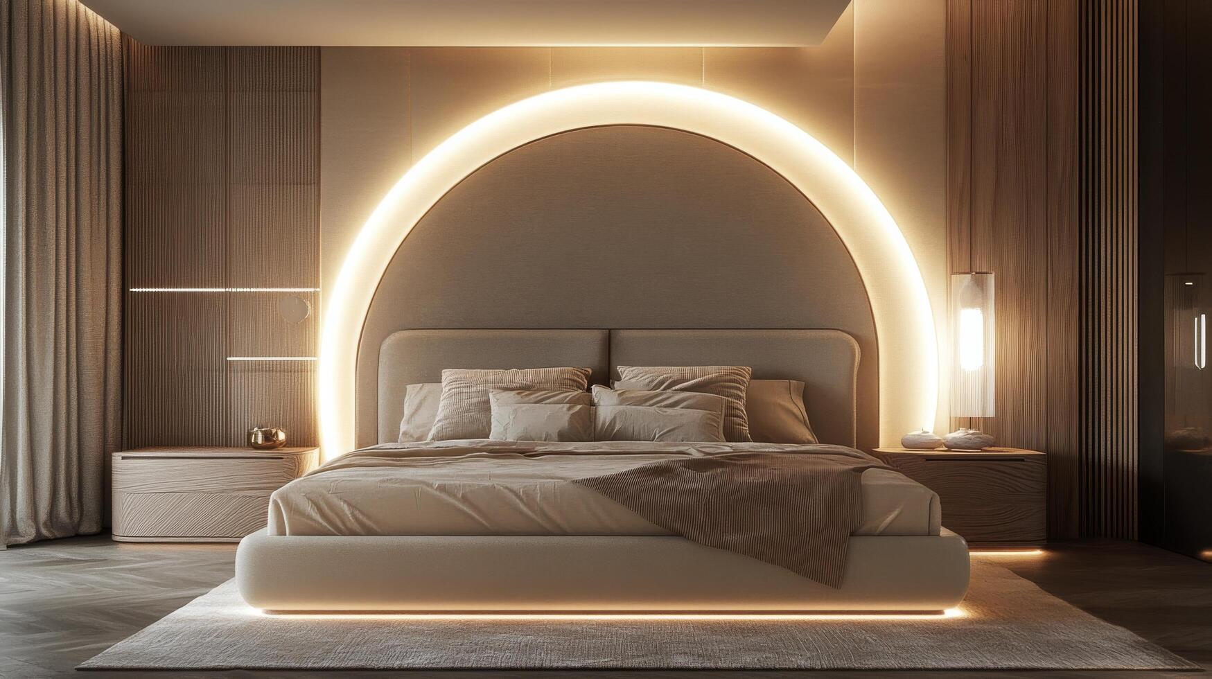 Modern bedroom design featuring a unique circular headboard and warm lighting in a serene space photo