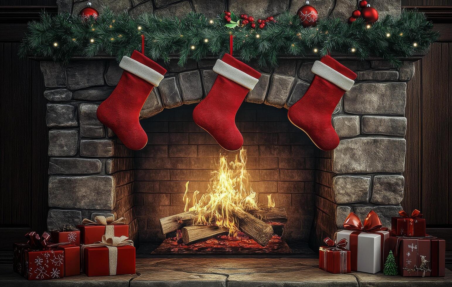 Cozy Christmas fireplace adorned with stockings and festive decorations, showcasing holiday spirit photo