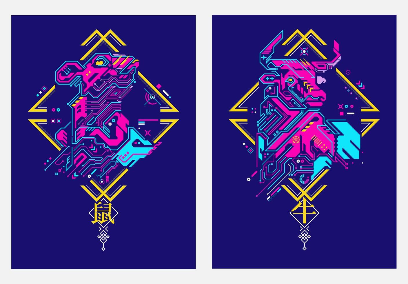 Chinese zodiac sign of rat and ox, Graphic of colorful cyber rat and bull with futuristic Chinese element, Chinese words refer to rat zodiac and ox zodiac vector