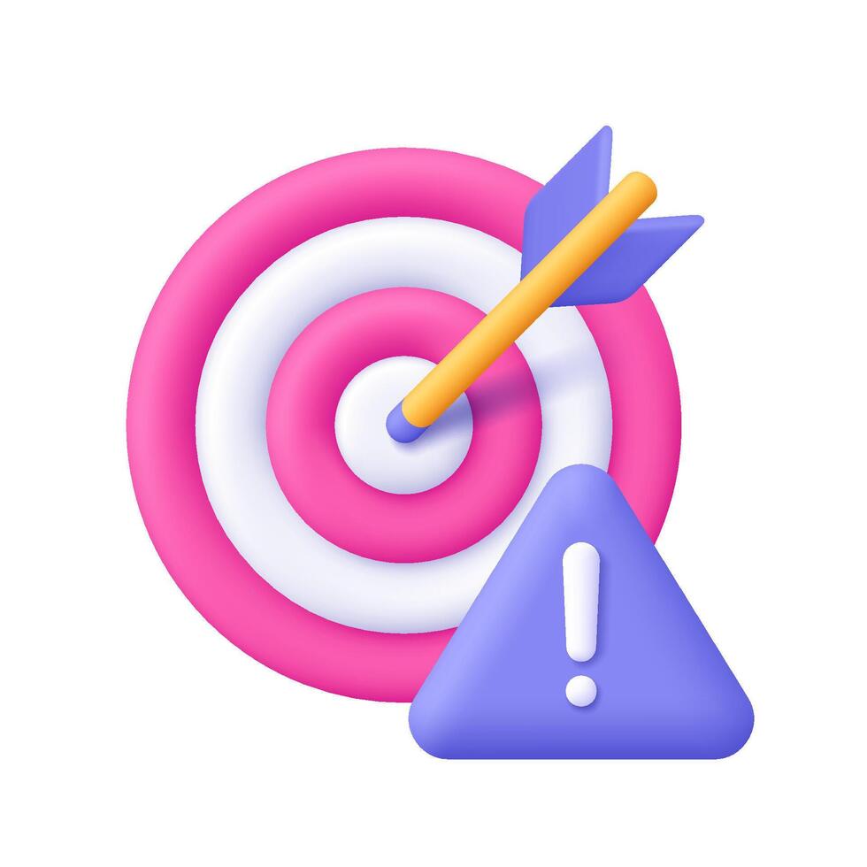 Target with warning symbol, triangle with exclamation point. Business risk. 3d icon. Cartoon minimal style. vector