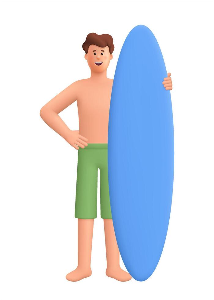 Young smiling man in swimming trunks with surfing board. Summer sports concept. 3d people character. Cartoon minimal style. vector