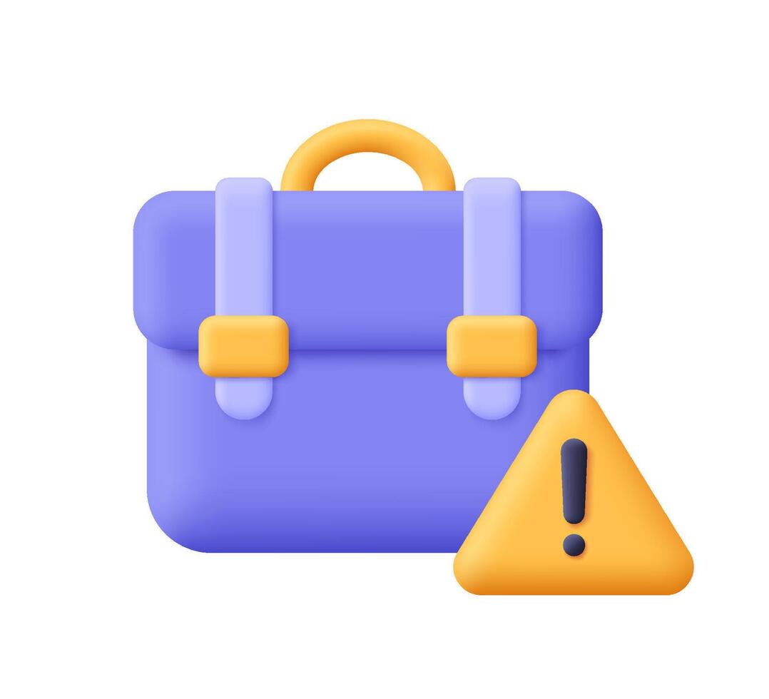 Briefcase with with warning symbol, triangle with exclamation point. Business, finance risk and problem. 3d icon. Cartoon minimal style. vector