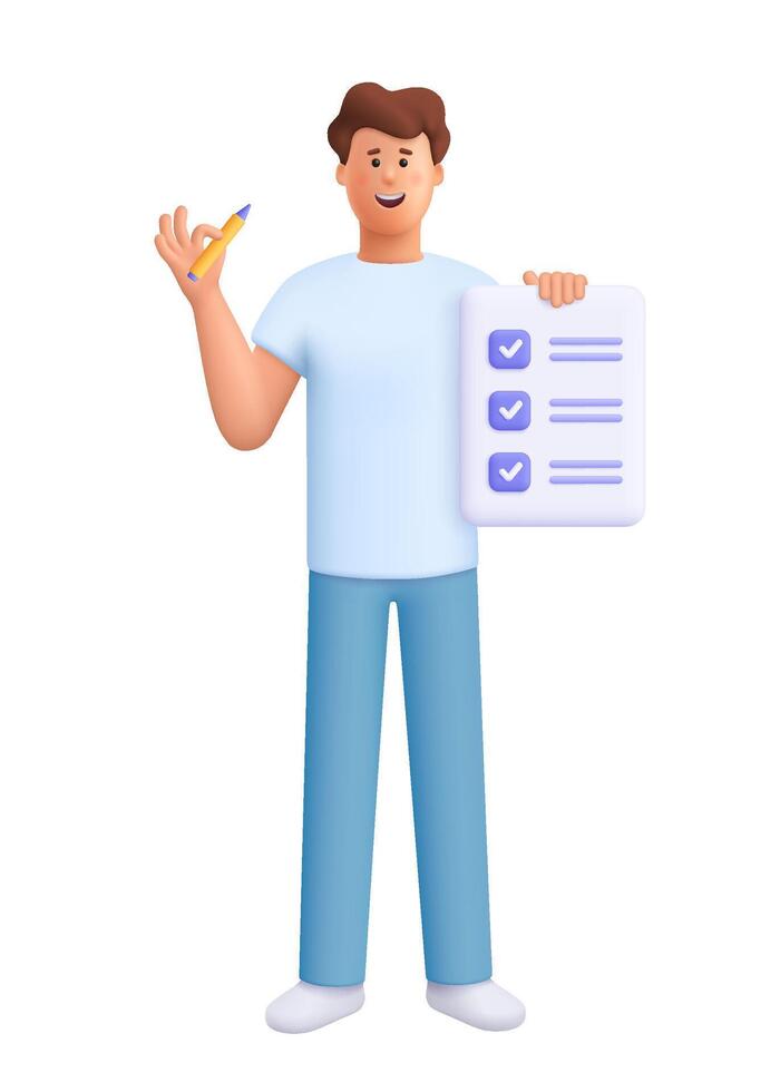 Man holding pencil and checklist sheet, document with check marks. Deadline, planning and organization of work project, business tasks concept. 3d people character. Cartoon minimal style. vector