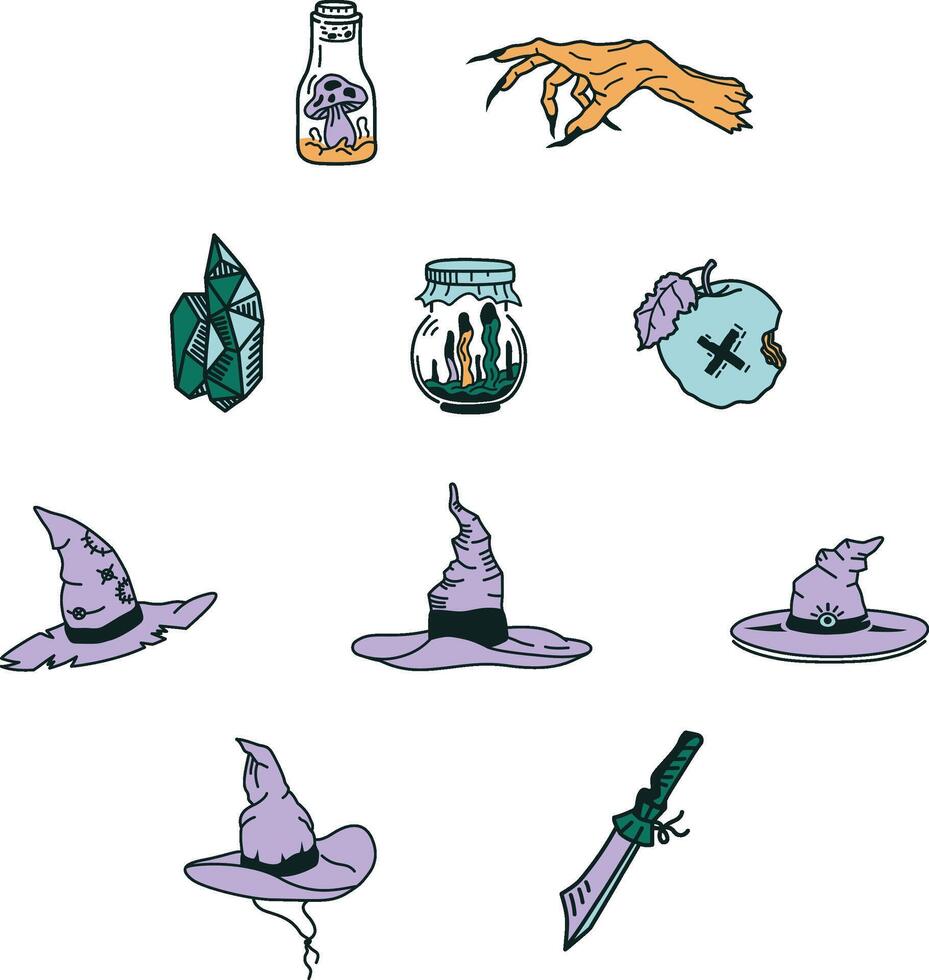 Bundle of Witches Night Illustration, Halloween Witchcraft, Magic Things Set, Colored Handdrawn Style vector