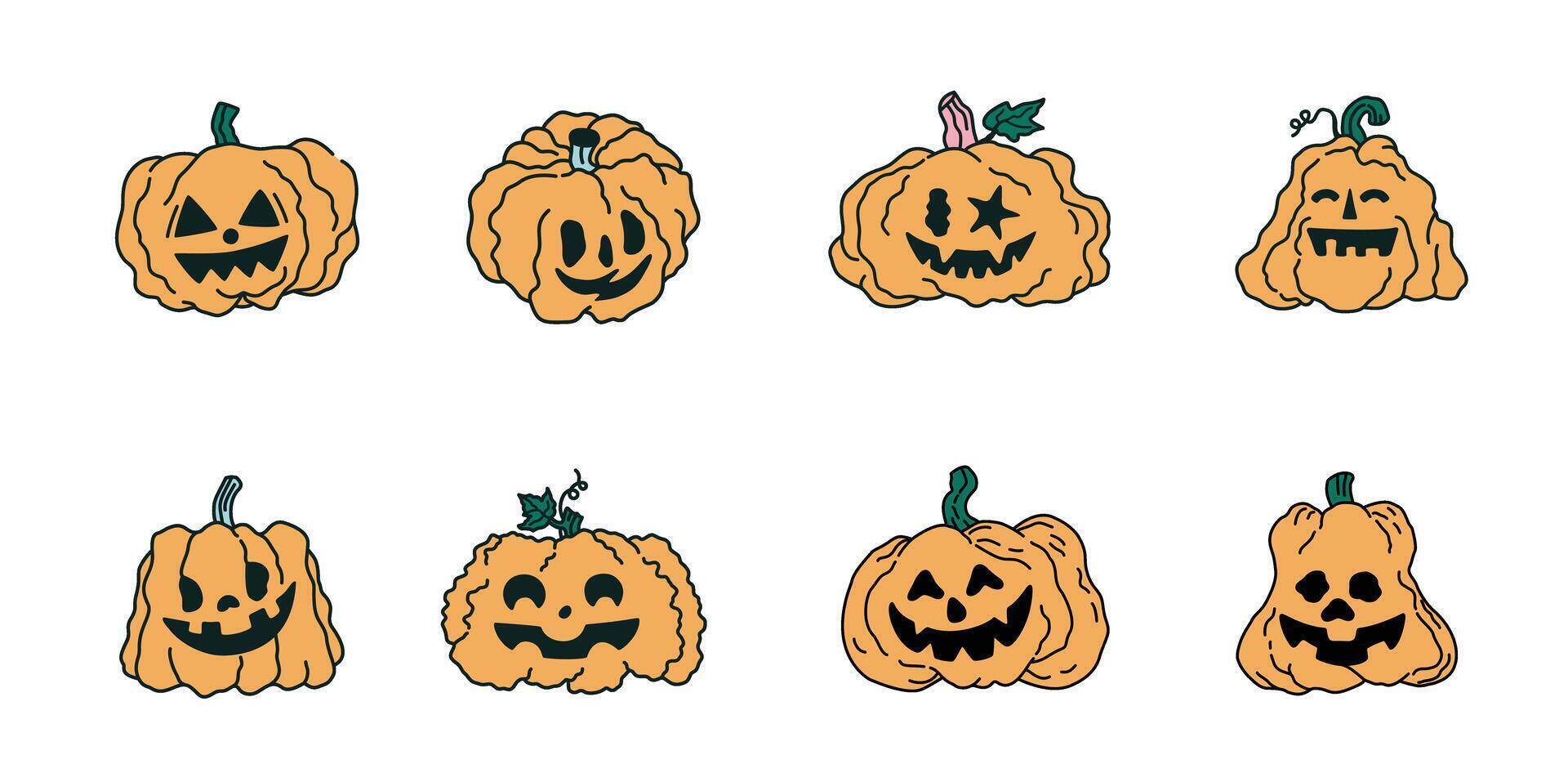 Bundle of Halloween Smiling Pumpkins Illustration, Halloween Vibe and Elements, Colored Happy Pumpkin Set, Colored Handdrawn Style vector