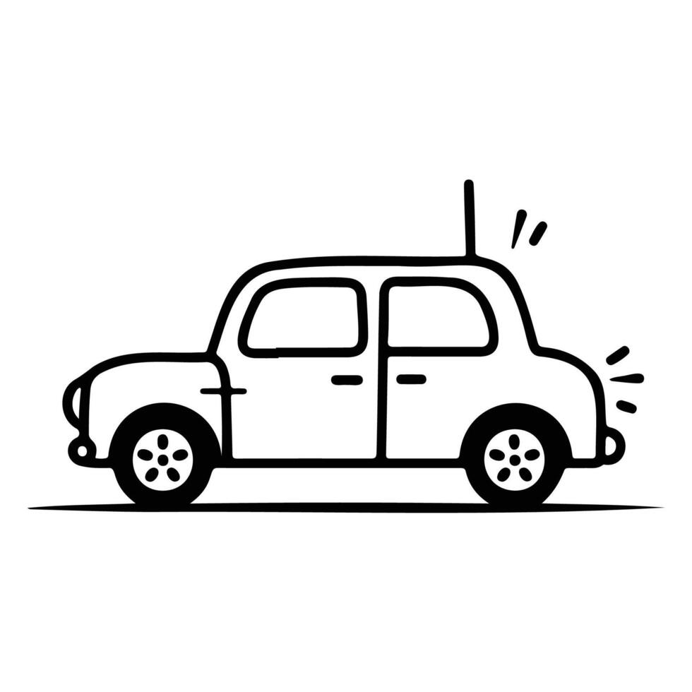 Minimalistic black and white illustration of a car with a retro design and cartoonish style. vector
