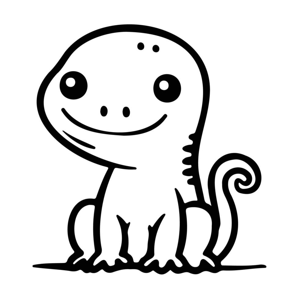 A charming black and white cartoon illustration of a cute lizard with a smiling face, perfect for kids' designs. vector