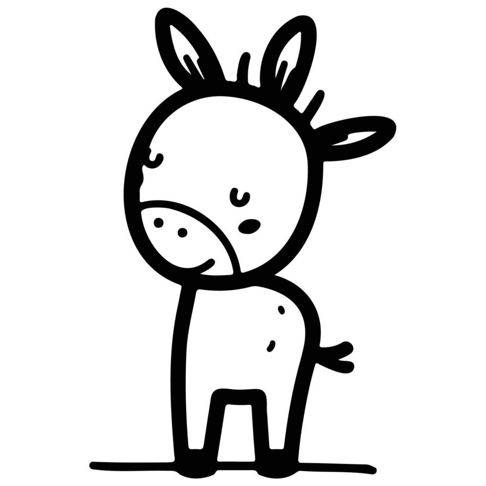 Charming black and white line art of a baby donkey, ideal for childrens stories and playful designs. vector