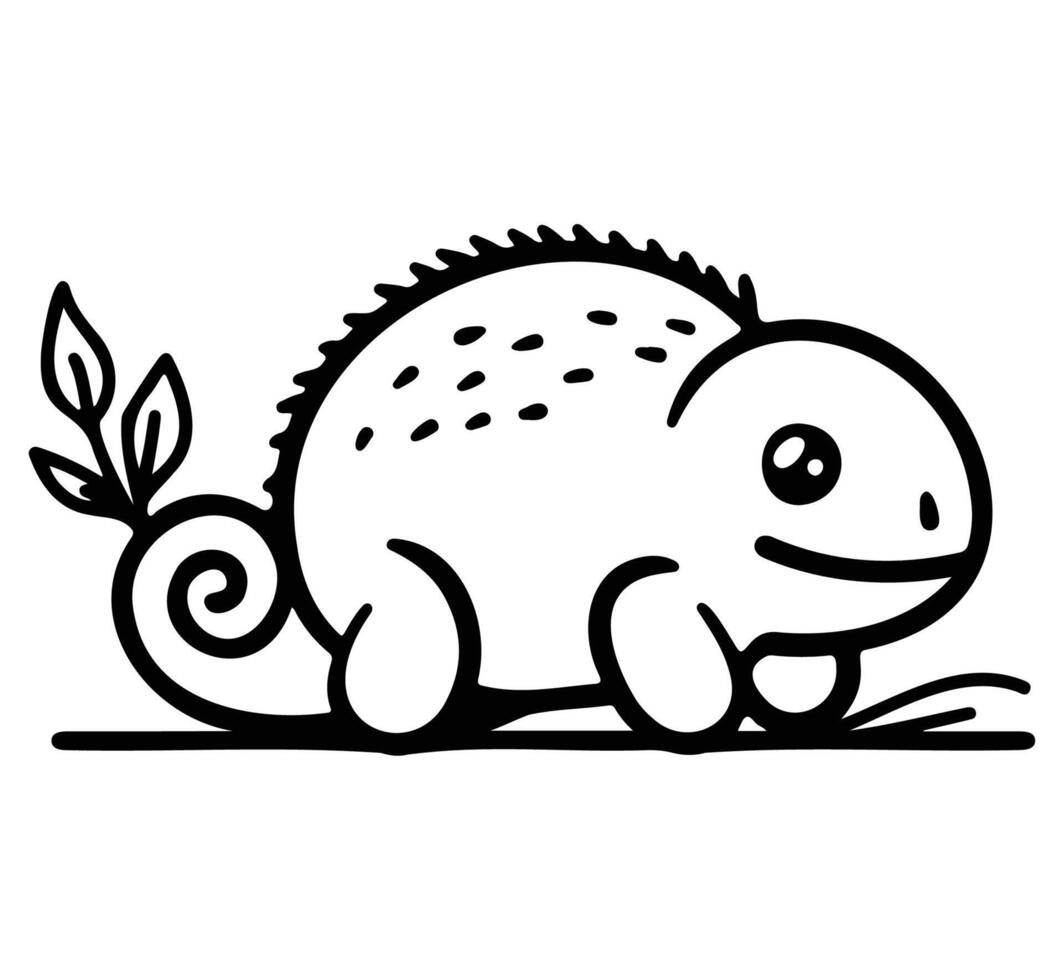 Adorable black and white line drawing of a chameleon with a curled tail, perfect for educational and playful designs. vector