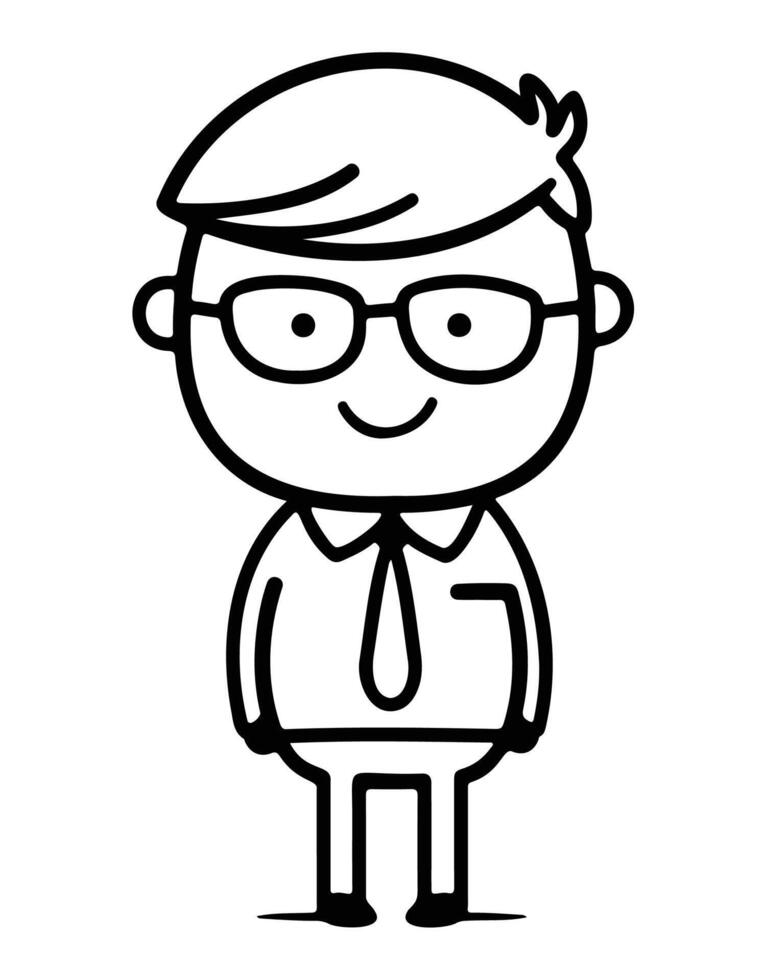 A simple black and white cartoon illustration of a person wearing glasses, ideal for educational and professional designs. vector