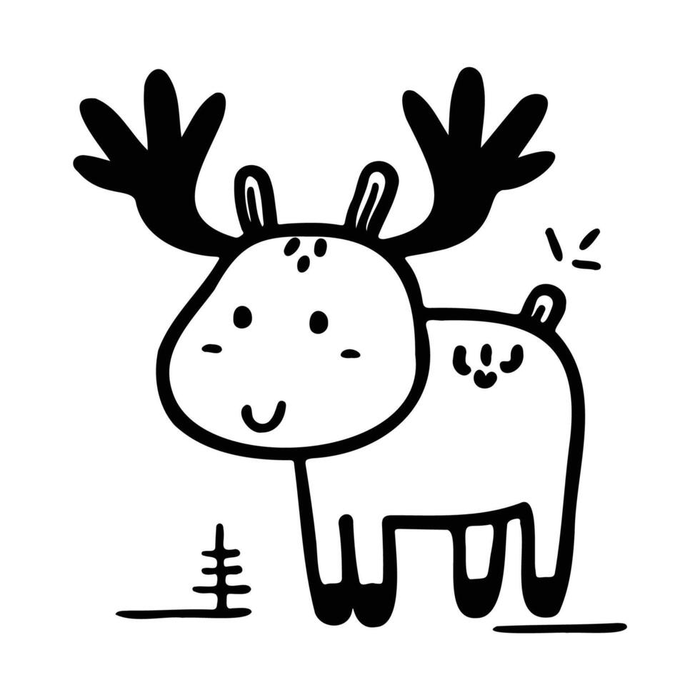 A cute black and white illustration of a moose, ideal for children's books and educational materials. vector