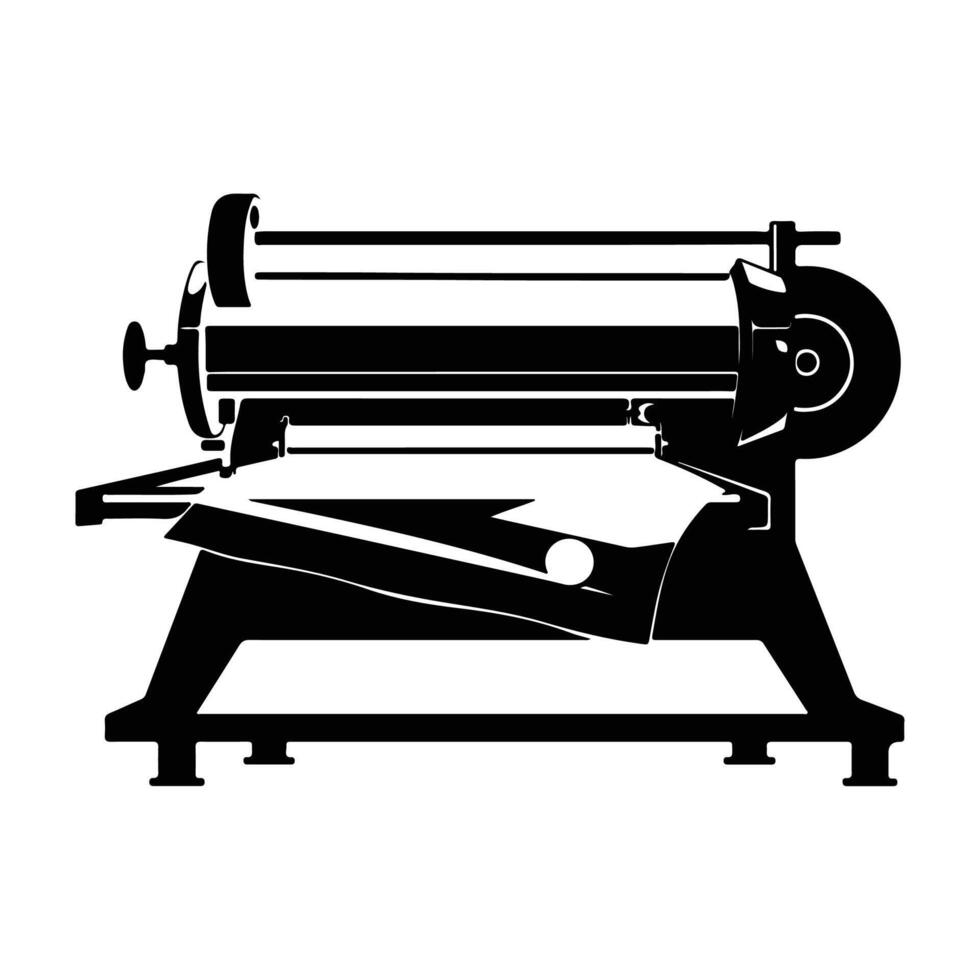 A black silhouette icon of a printing press, ideal for representing printing, publishing, or historical technology themes. vector