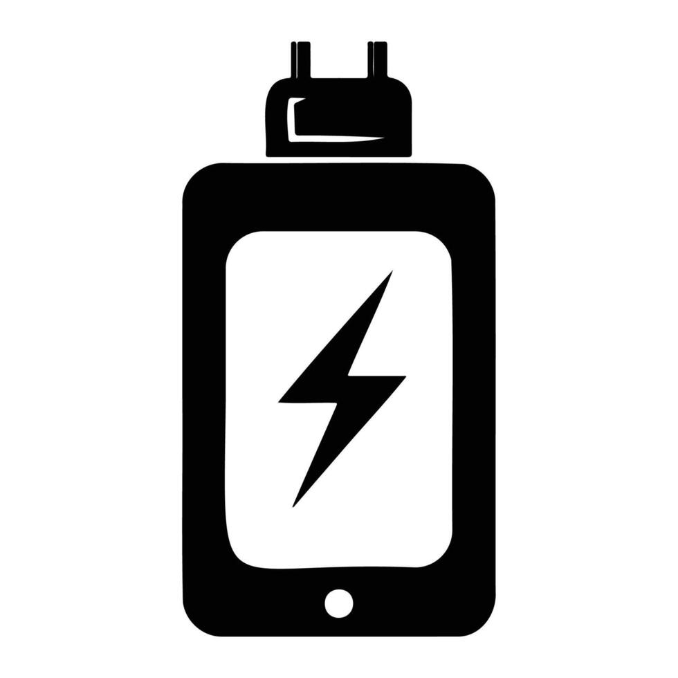 Black and white illustration of a battery icon with a lightning bolt, ideal for tech-related designs, posters, and infographics. vector