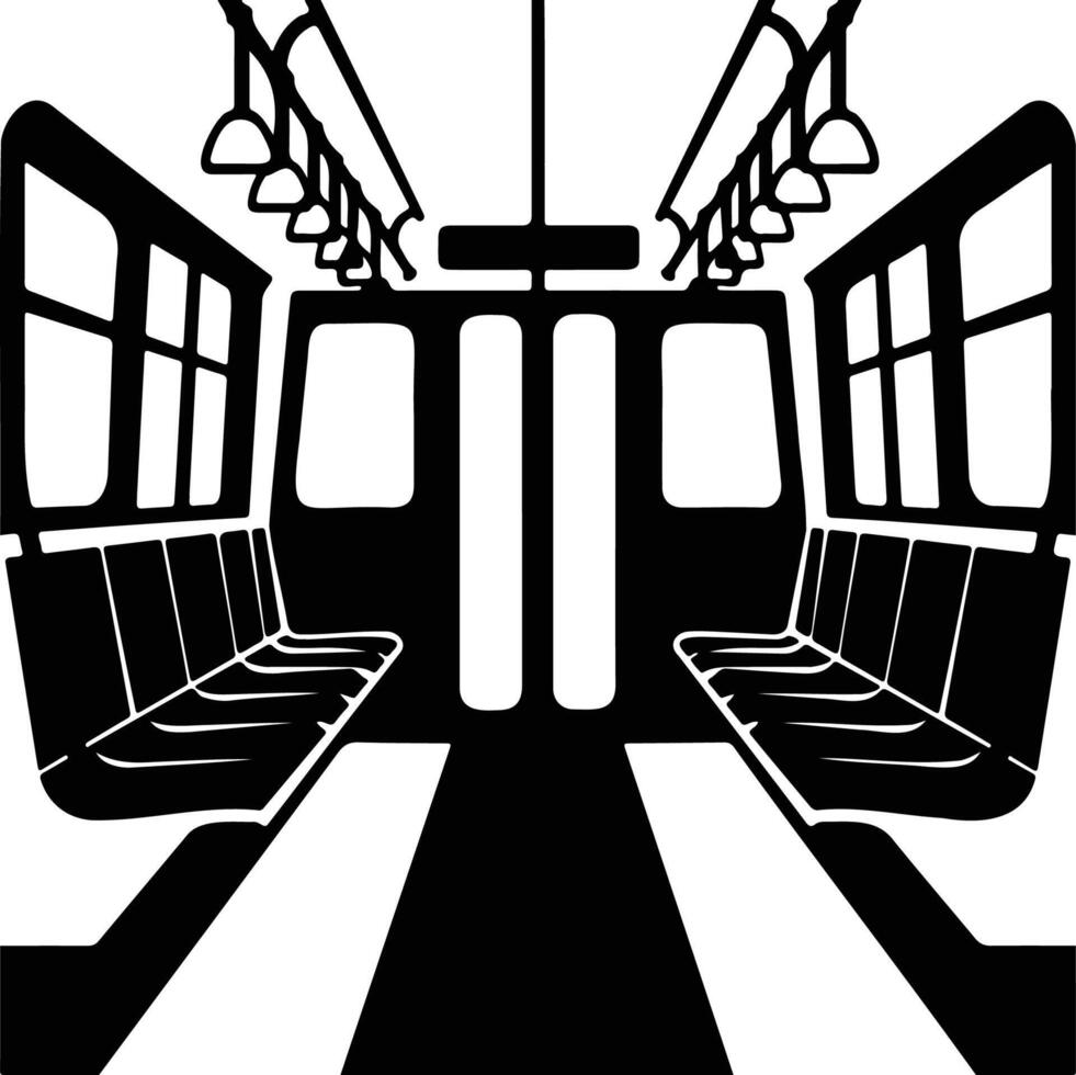 Black and white silhouette illustration of a subway car interior, showing seats and handrails. vector