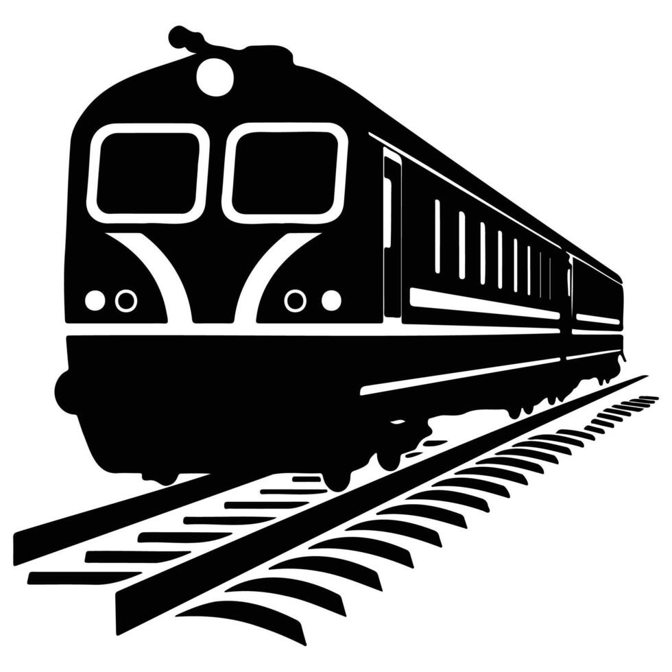 Black silhouette of a train on tracks, emphasizing transportation and travel, perfect for travel-related themes. vector