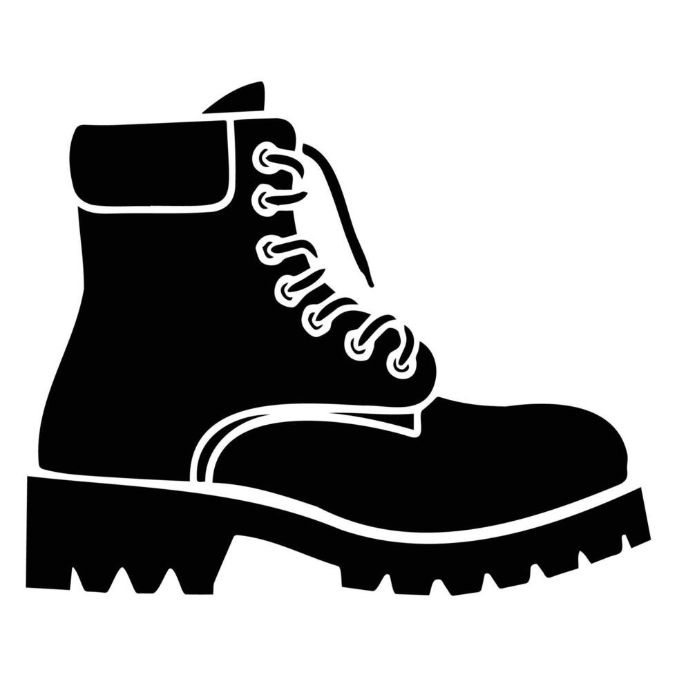 Black silhouette of a hiking boot with detailed laces, isolated on a white background. vector