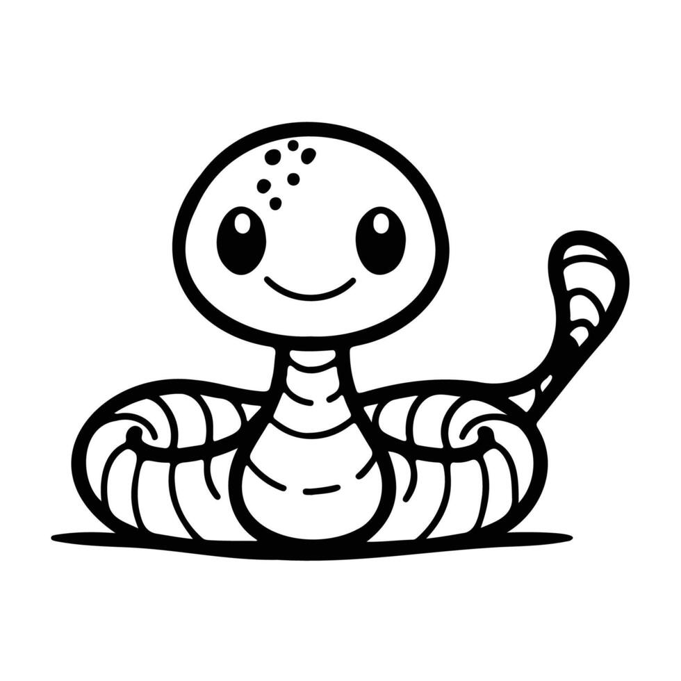 Smiling cartoon snake line art in black and white, great for childrens illustrations and educational materials. vector