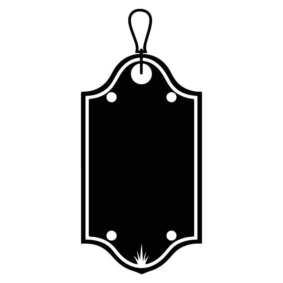 A black and white icon of a luggage tag with a simple, minimalist design. vector