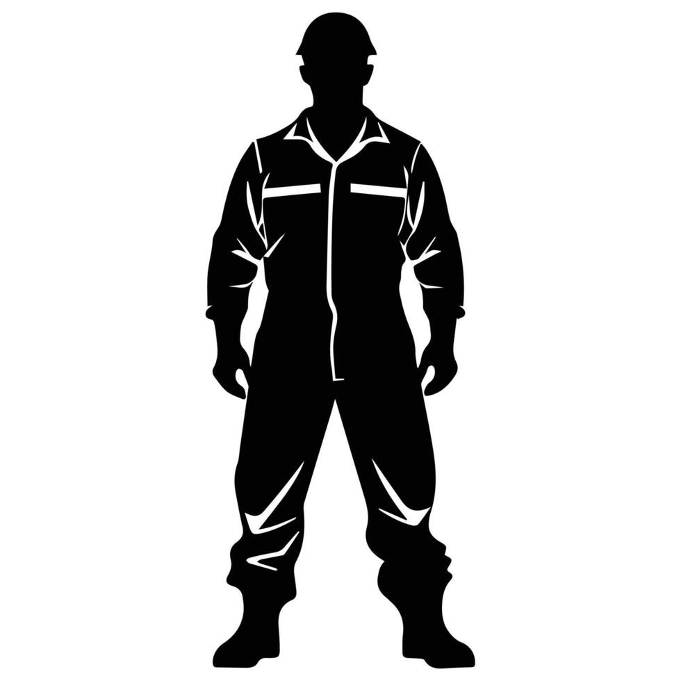 A black and white silhouette of a worker wearing a protective suit, emphasizing safety and industrial themes. vector