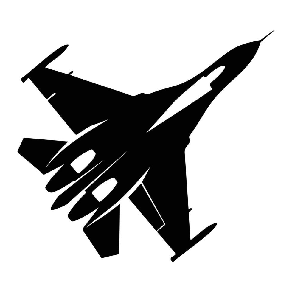 Black and white silhouette illustration of a jet fighter airplane viewed from above. vector
