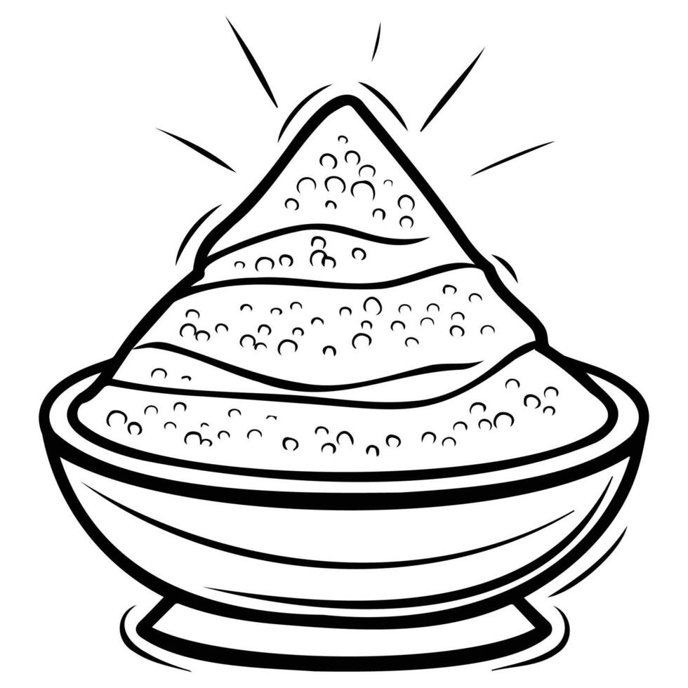 Line art of a bowl filled with powdered spice, highlighting culinary elements in a simple style. vector