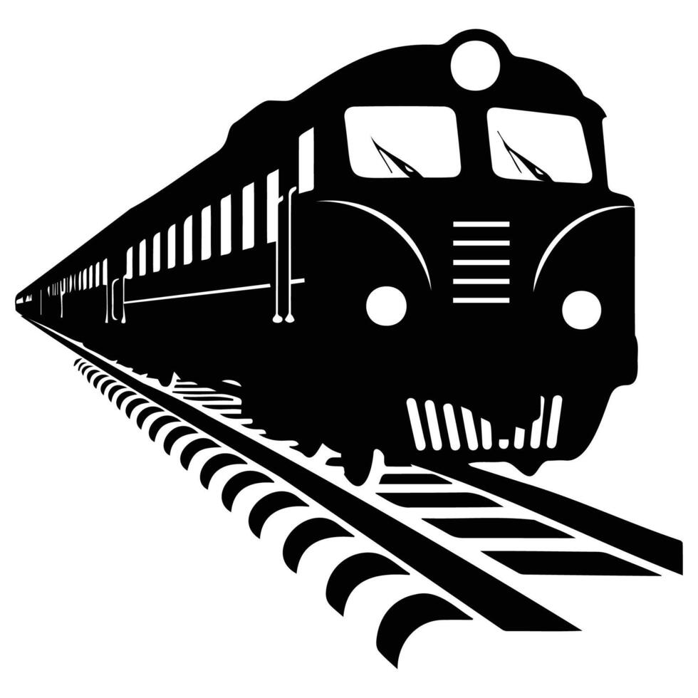 Black and white icon of a train on tracks, representing transportation and travel. vector