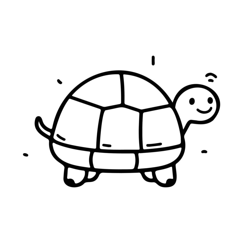 Simple black and white cartoon turtle walking, ideal for children's content and nature-themed designs. vector