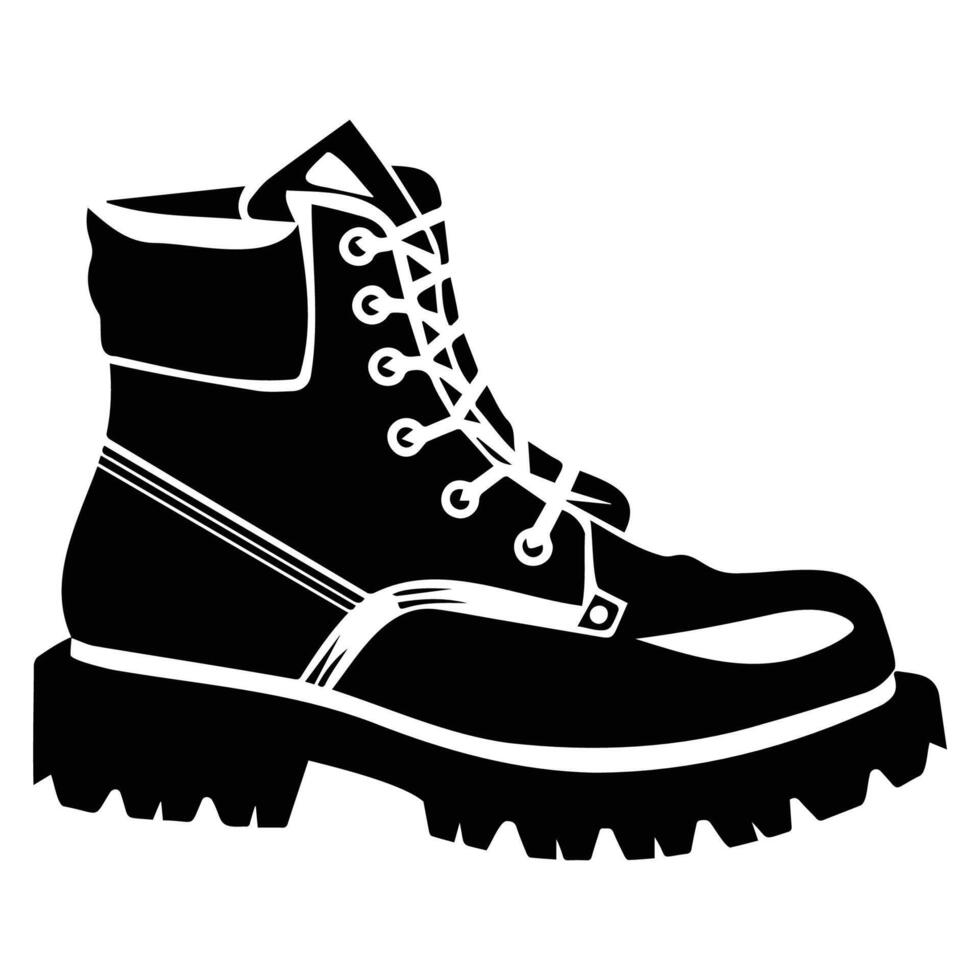 Black and white icon of a rugged industrial work boot, highlighting laces and thick sole. vector