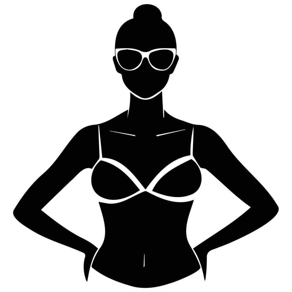 Silhouette of a woman wearing a bikini and sunglasses, in black and white, with a confident pose. vector