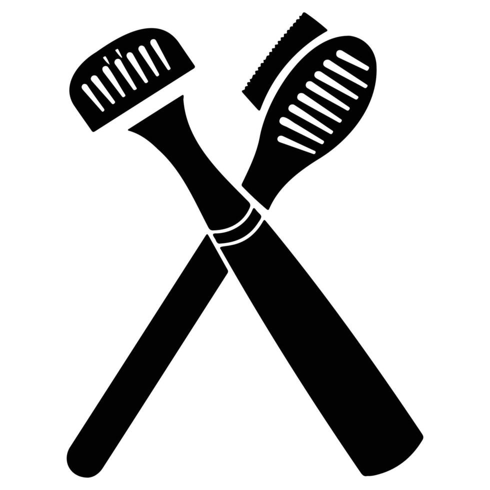 Black and white icon of two crossed makeup brushes, symbolizing beauty and cosmetics tools. vector