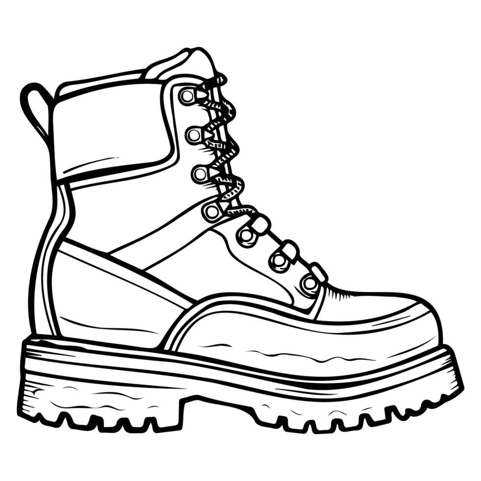 Detailed icon of a heavy-duty work boot in black and white, showing robust construction and laces. vector
