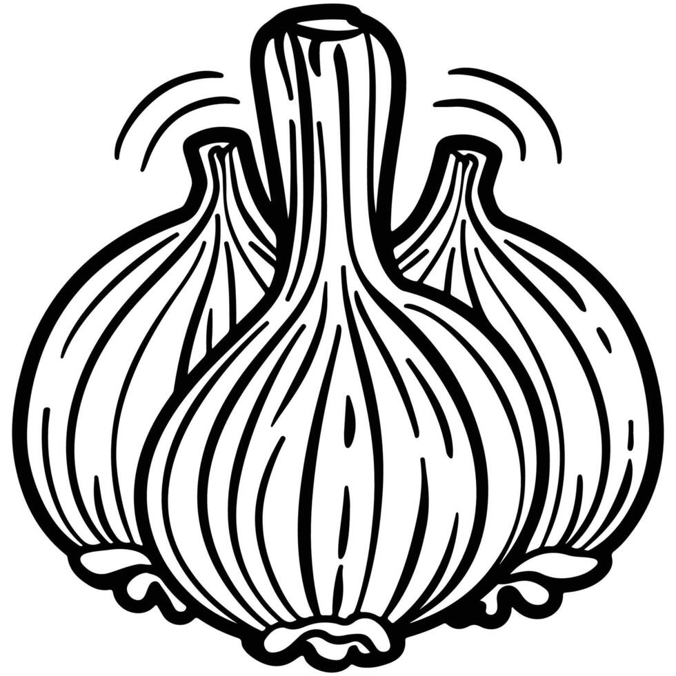 A detailed hand-drawn illustration of a garlic bulb in black and white, emphasizing culinary and herb themes. vector