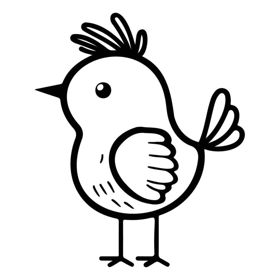 Simple black and white cartoon bird standing, perfect for children's content and bird-themed designs. vector