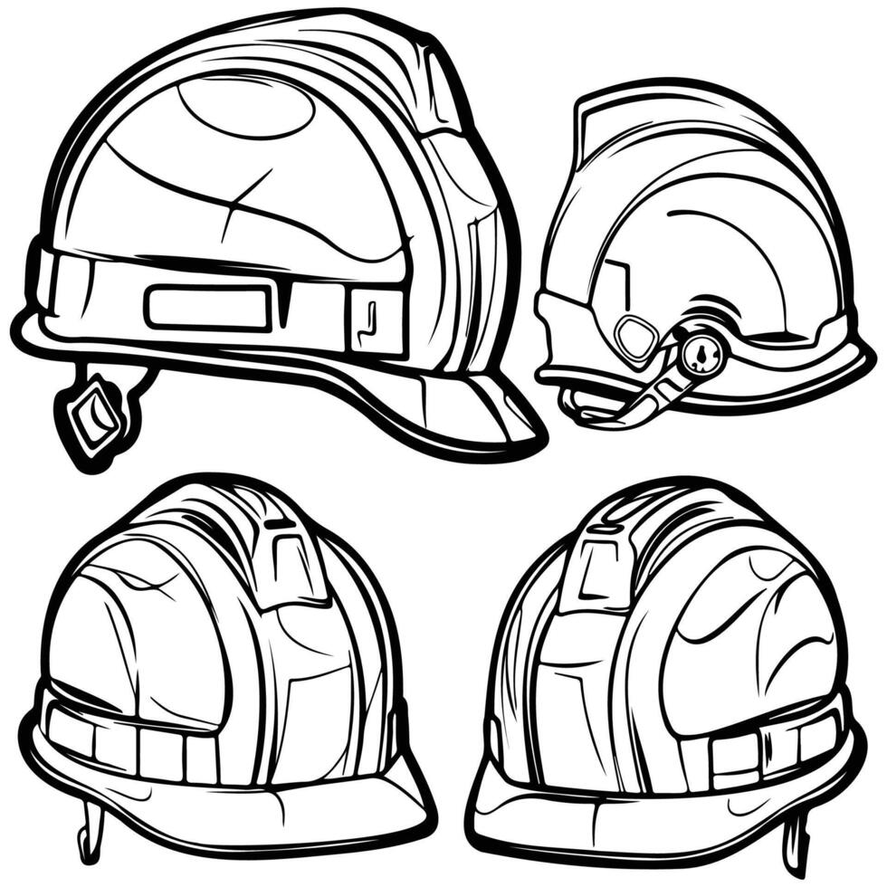 Illustration of various construction helmets in a sketch style, showcasing safety equipment for industrial or construction-themed projects. vector