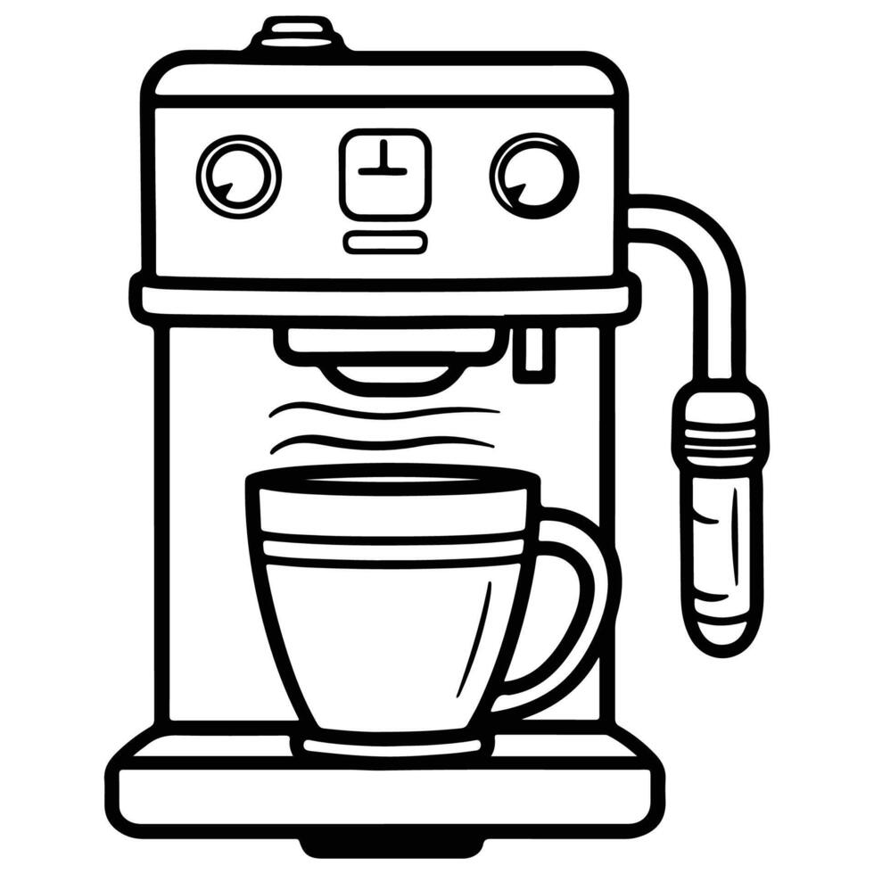 Black and white line drawing of a coffee machine with a cup, perfect for kitchen-themed projects and illustrations. vector
