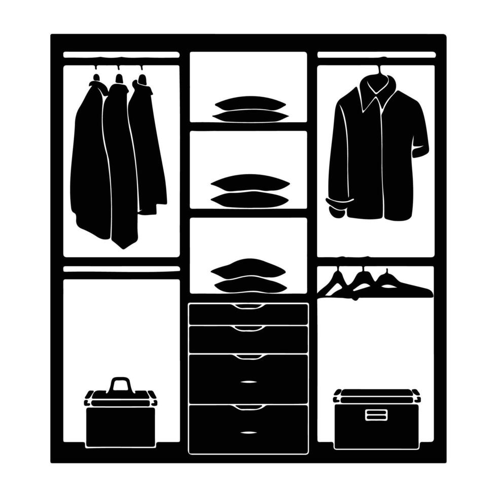 Black and white silhouette of a neatly organized closet with clothes, shelves, and storage boxes. vector