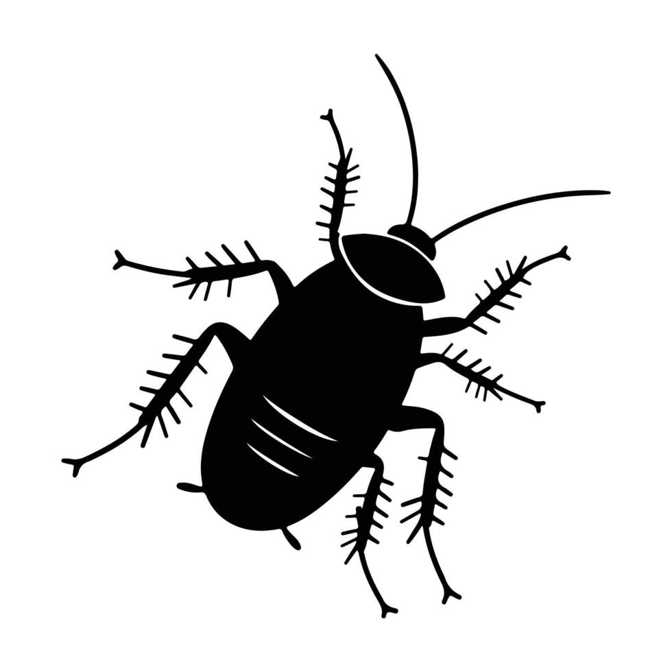 Black and white silhouette of a cockroach, highlighting its distinct body shape and antennae. vector