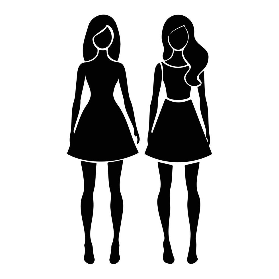 Black and white silhouette of two women wearing dresses, suitable for fashion illustrations, posters, and design projects. vector