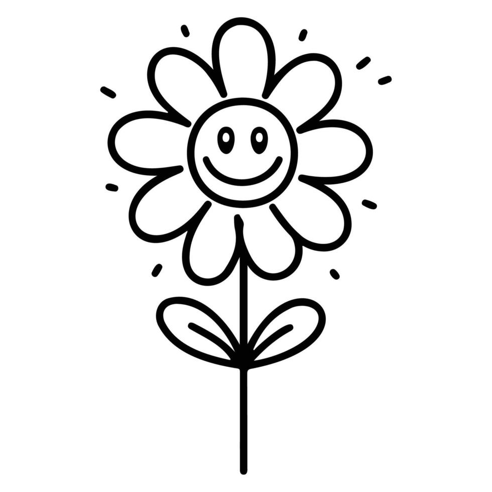 Black and white cartoon doodle of a flower with a smiling face, designed in a cheerful, whimsical style. vector