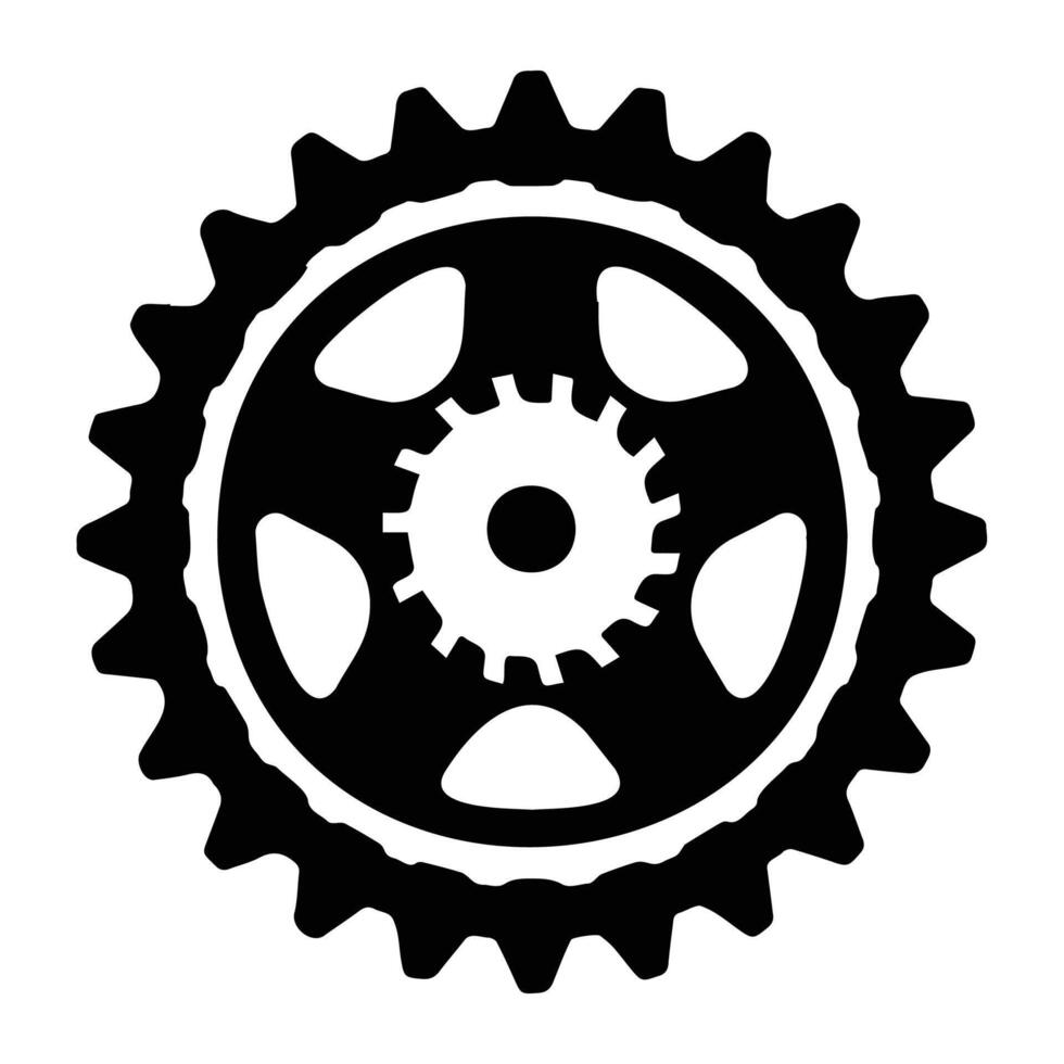 Black and white illustration of an industrial gear wheel with intricate details, representing machinery and mechanical engineering. vector