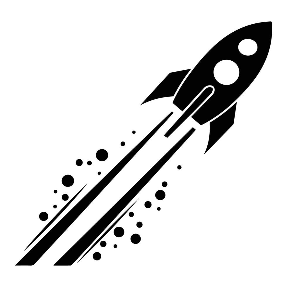 Black rocket icon with a trail of dots and lines on a white background, symbolizing space exploration and innovation. vector