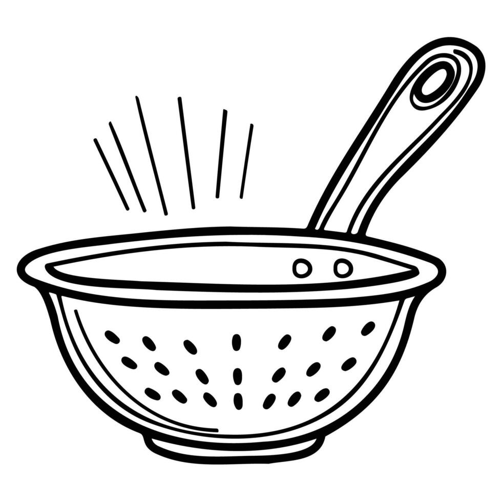 Black and white illustration of a colander kitchen utensil with a handle, used for draining food. vector