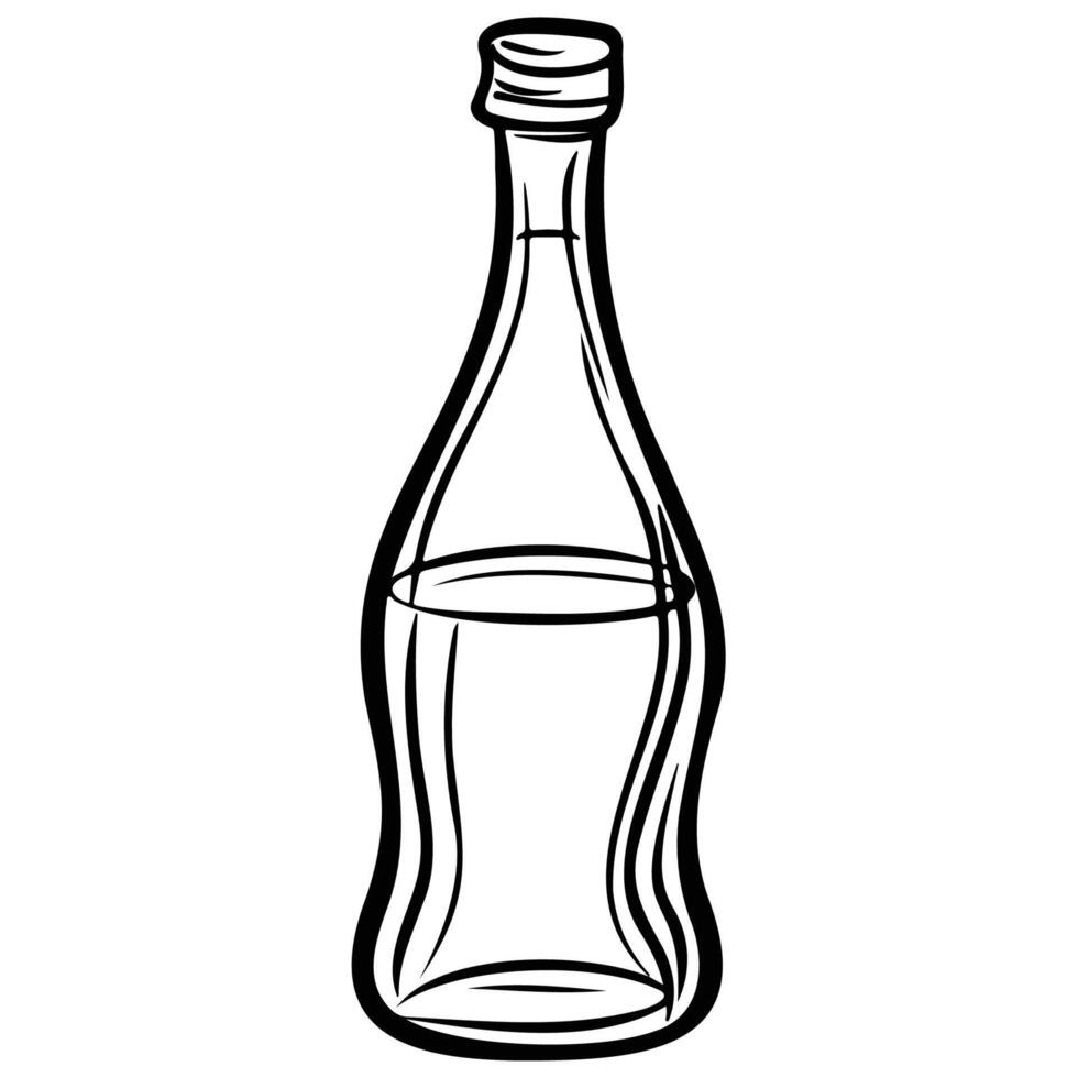 A detailed hand-drawn illustration of a glass bottle in black and white, ideal for beverage and container themes. vector