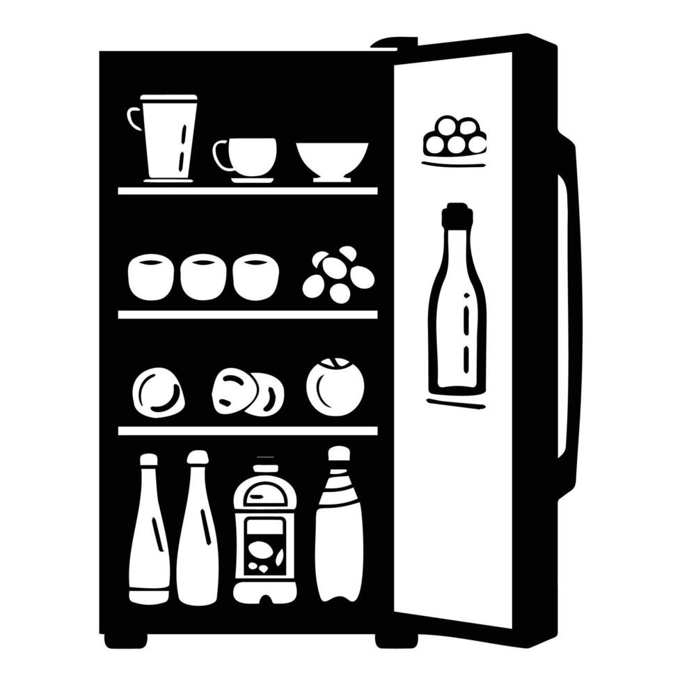 Black and white icon of an open refrigerator, showcasing various food items and drinks in a minimalist style. vector