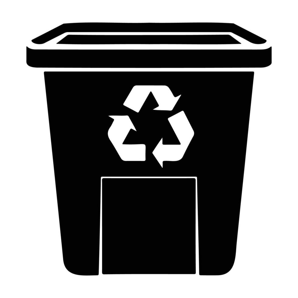 Black and white icon of a recycling bin featuring the recycling symbol on the front. vector