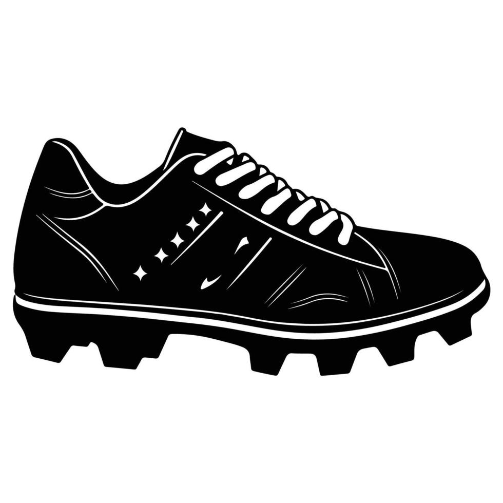 Black and white illustration of a soccer cleat, highlighting its detailed design, representing sports footwear and athletic equipment. vector